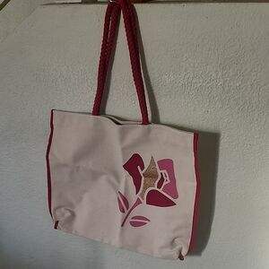 Lancome BrandNEW  Cream and Pink Canvas Tote with Gold Accent